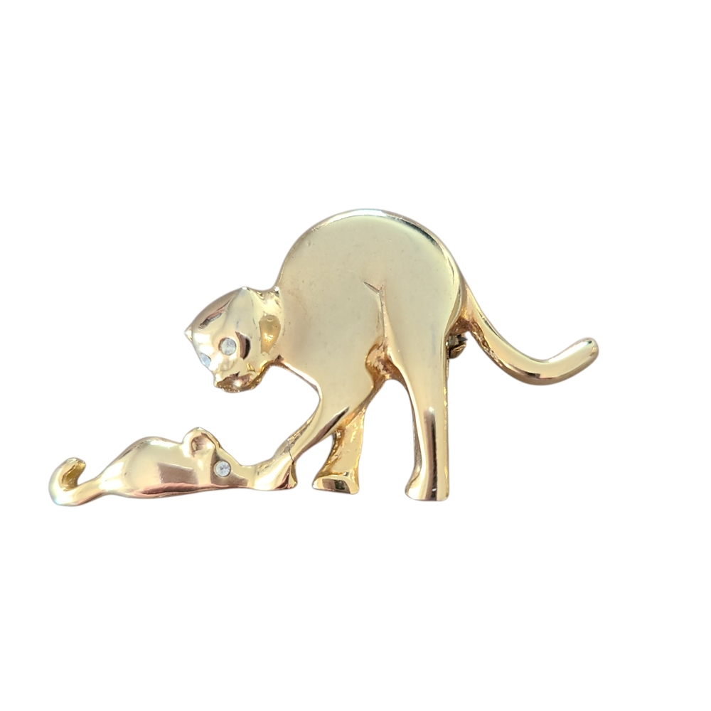 Cat and Mouse Brooch Gold Toned